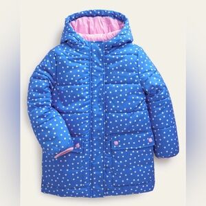 Mini Boden Blue White dotted long line padded hooded long line coat jacket 9-10